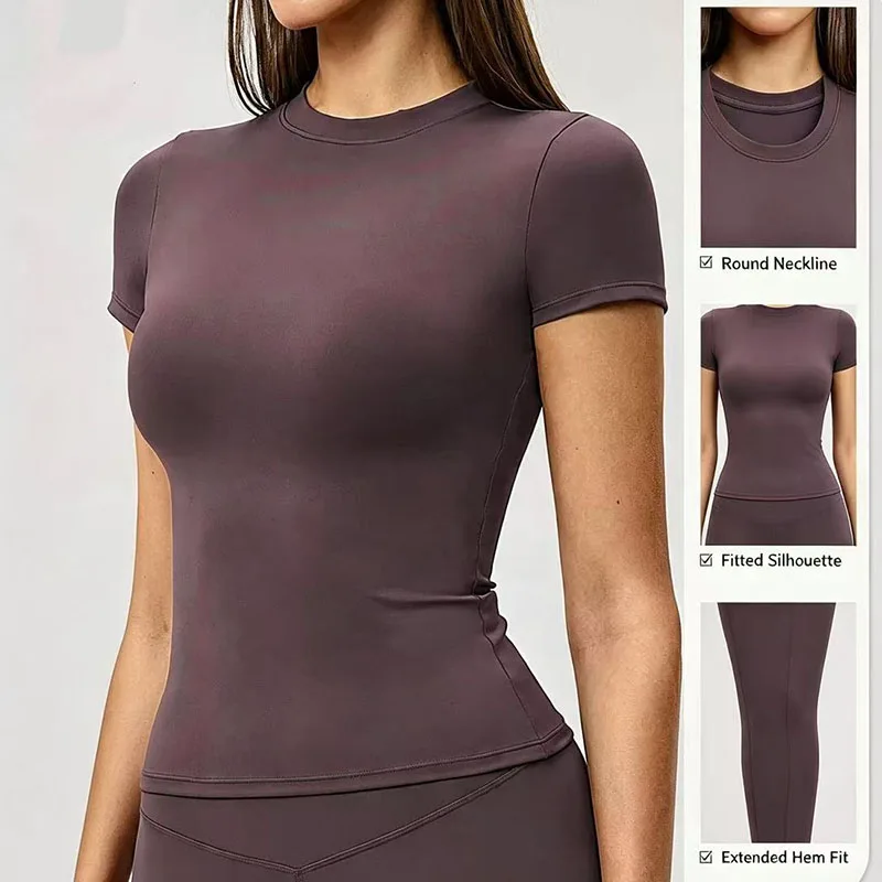 Women's Slim Fit Yoga Short Sleeve T-Shirt, Crew Neck Workout Tops, Stretch Soft Athletic Sport Shirt for Gym Running Training