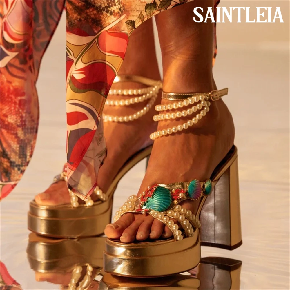 

Shell and Pearl Stacked Platform Sandals Pretty Pearl Beads Seashell Colorful Coral Ankle Strap Sandals Ocean Inspired Sandals