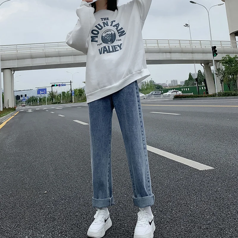 

High Street Vintage Gradient Straight Jeans Fashion High Waist Ripped Wide Leg Pants Casual Baggy Denim Trouser Ladies Summer