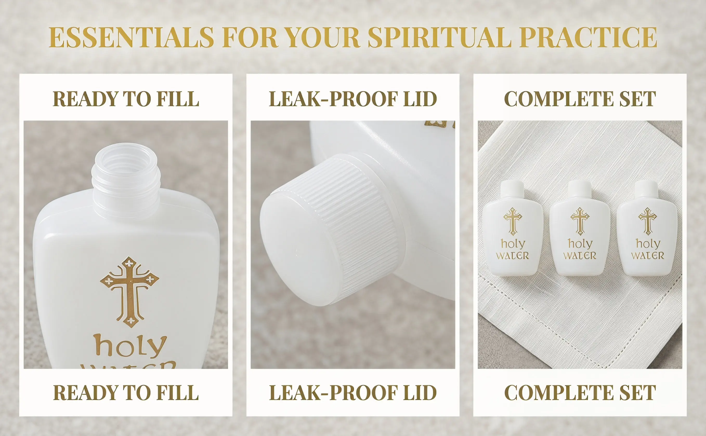 6Pcs 60Ml Empty Holy Water Bottles White Plastic with Golden Jesus Refillable Church Baptism Exorcism Catholic