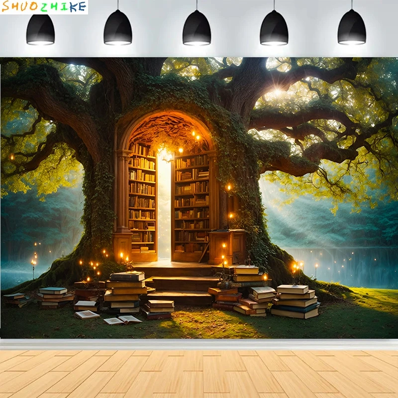 Fondo de fotografía de Castillo Medieval místico de cuento de hadas, accesorios de paisaje, bruja, libro mágico, mundo de fantasía, fondo de bosque MA09