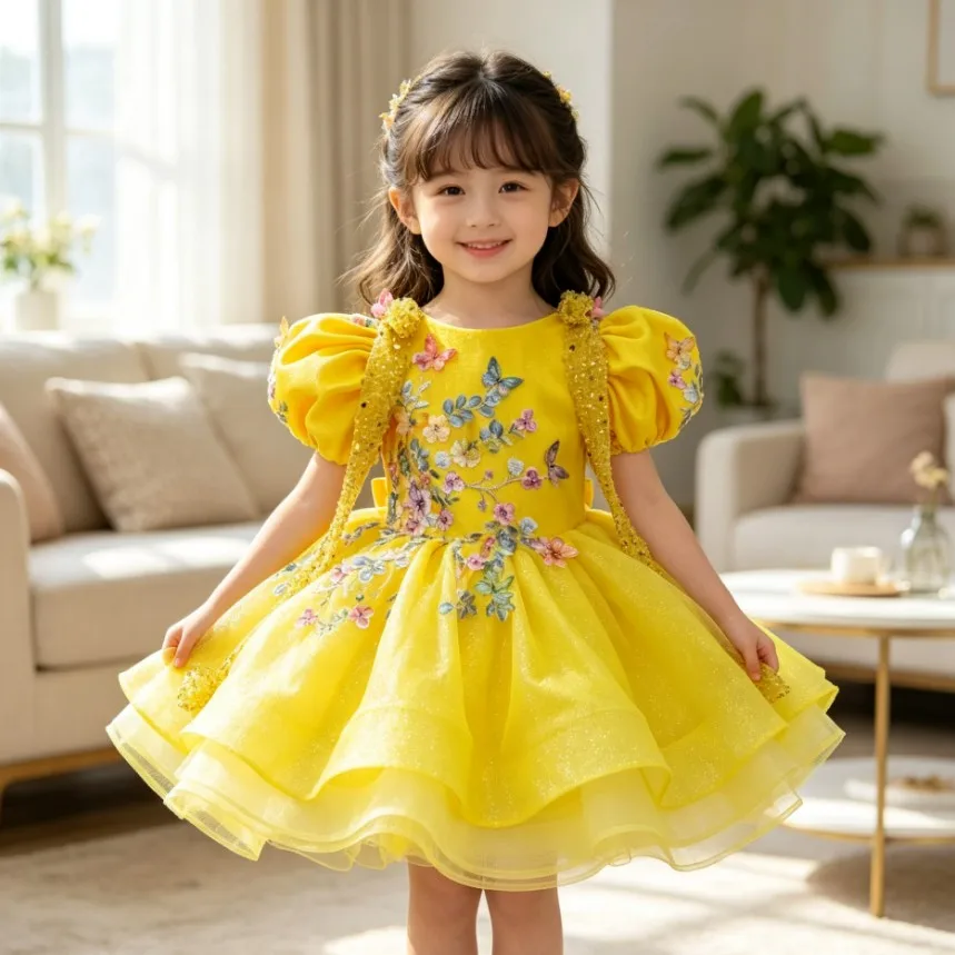 Gelbes Mädchenkleid mit Puffärmeln, Prinzessinnenkleid mit Blumenstickerei und Pailletten, Ballkleid für Kinder, Weihnachtsfeierkleid für Hochzeit und Geburtstag – Detail 8