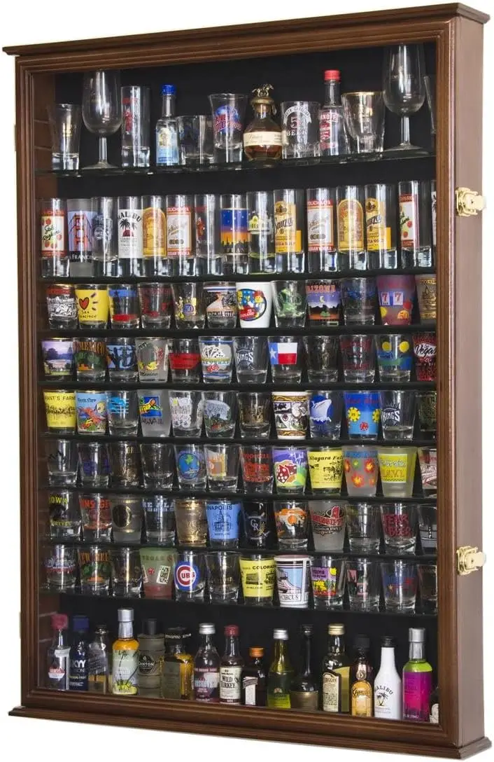 

XL Shot Glass Display Case Rack Holder Cabinet for Tall Shooter and Mini Liquor Bottle