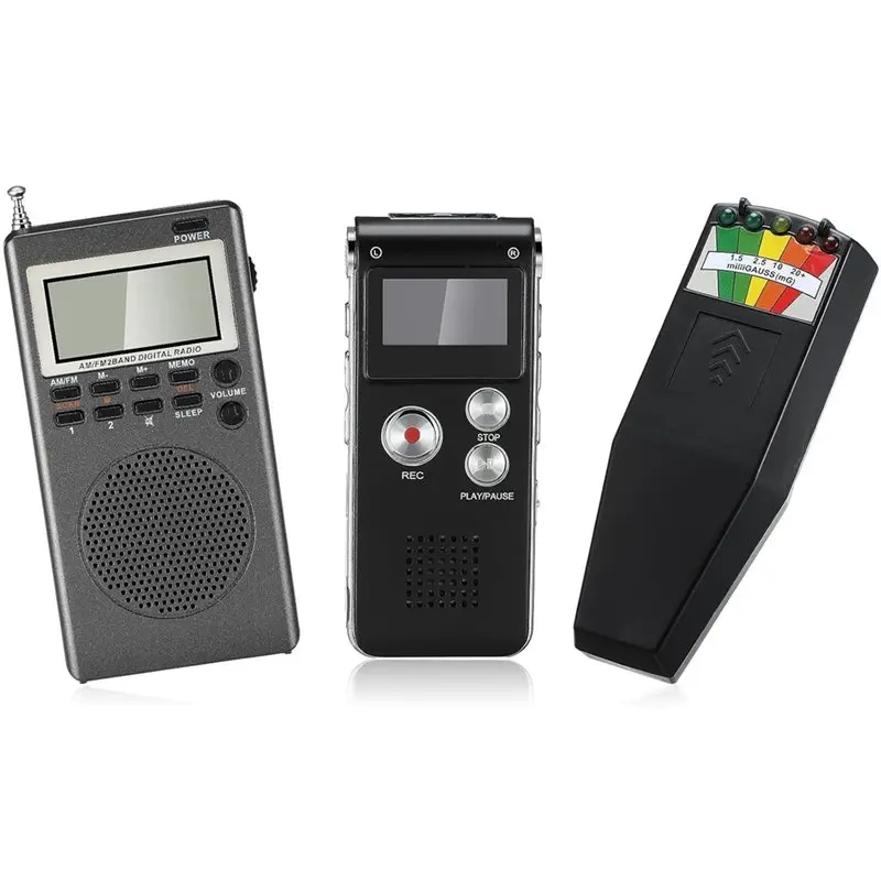 MACH-3 Pcs Equipment For Paranormal Research Includes 1 Pcs Voice Recorder, 1 Pcs LED Emf Magnetic Field Detector Tool