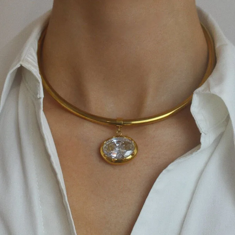 BIg stone choker necklaces for women stainless steel open necklaces daily elegant dainty jewelry non-tarnish jewelry