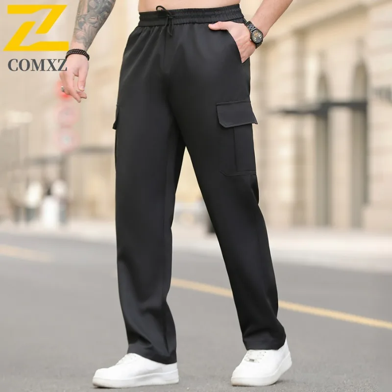 COMXZ Urban Fashion Pants Men Spring Autumn Casual Loose Large Pocket Cargo Pants Hiking Hunting Fishing Ice Silk Trousers Man