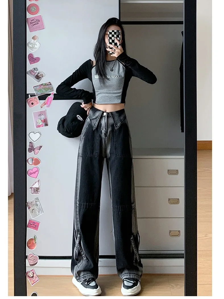 Proste jeansy damskie w stylu western, kowbojskim, amerykańskim, retro, vintage, modne, wygodne, z frędzlami, unisex.