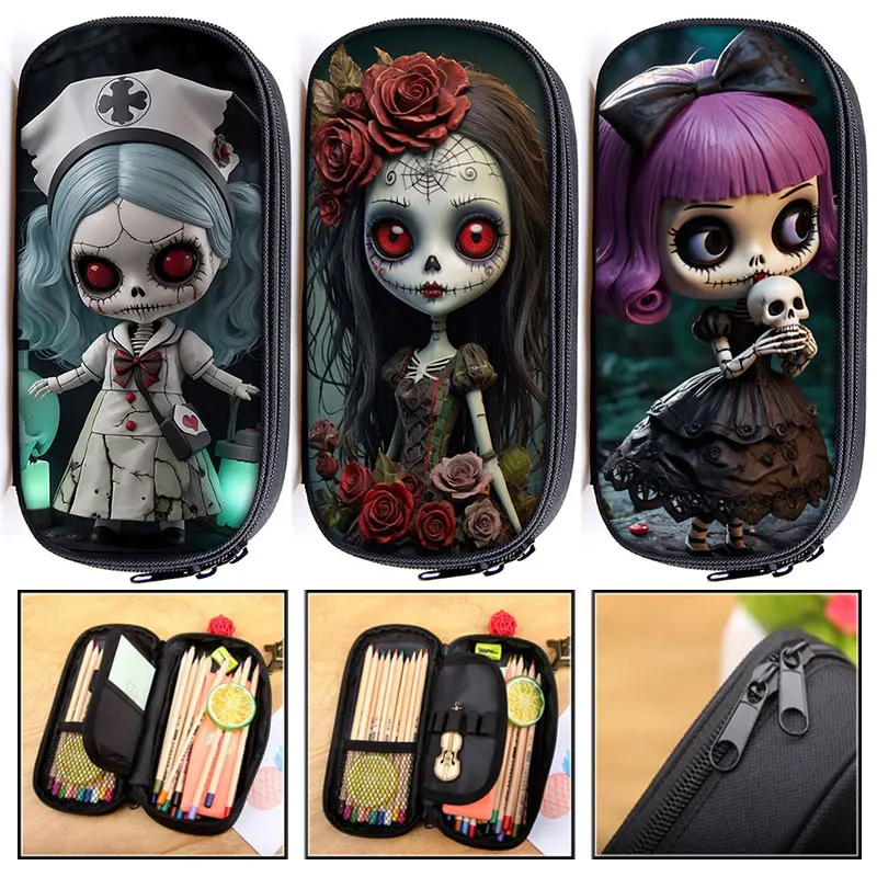 Horror Nightmare Zombie Girl Print Cosmetic Cases Dark Gothic Women  Pencil Bags Stationary Bags Kids School Supplies Gift