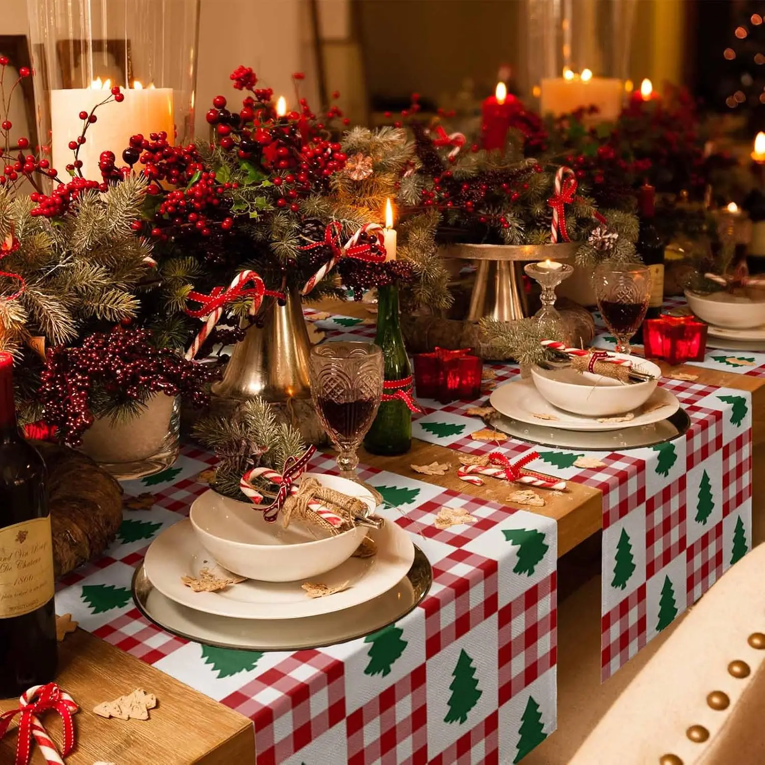 Christmas Pine Tree Red White Buffalo Table Runner Party Decor Reusable Xmas Kitchen Dining Table Runner Christmas Decoration