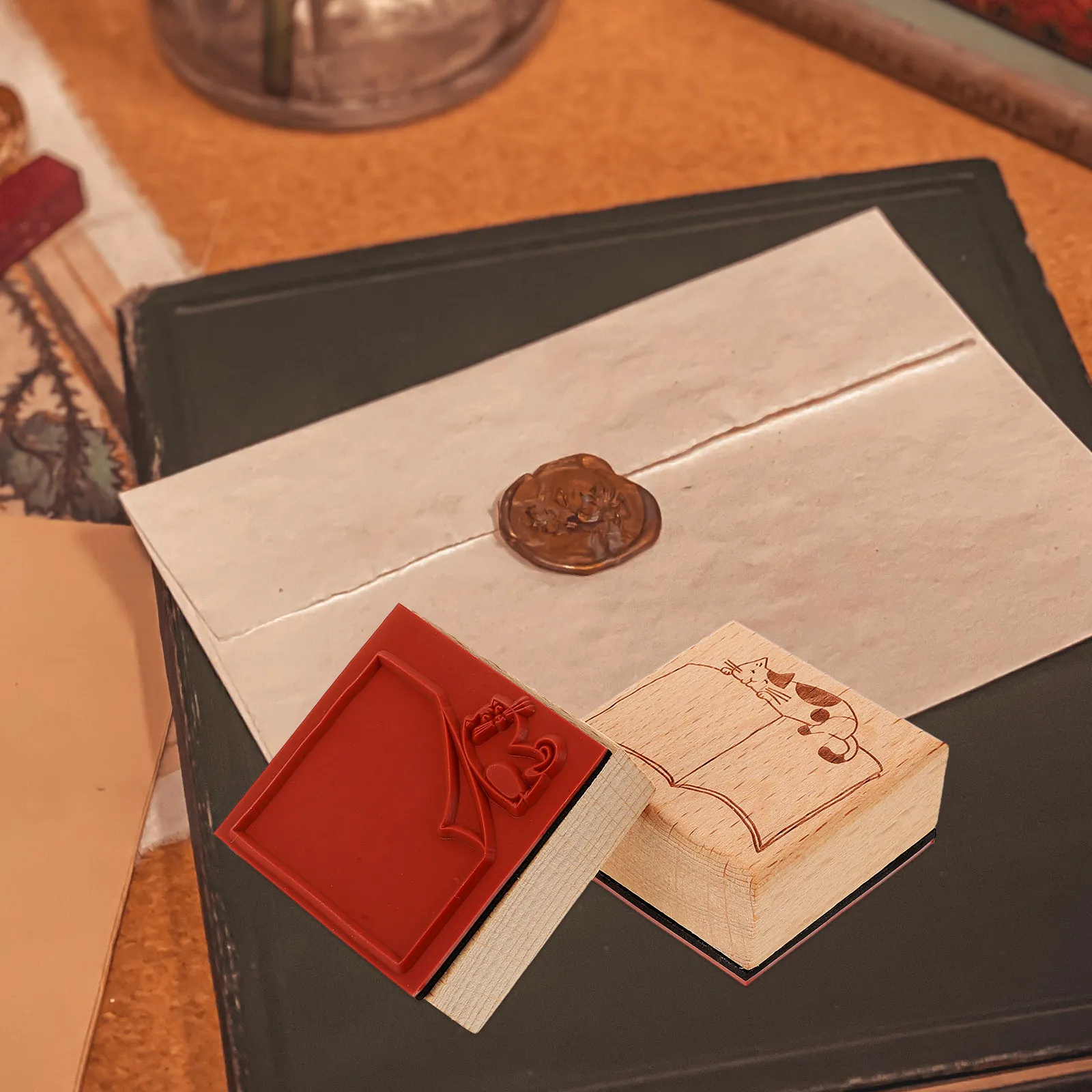 2Pcs Wooden Cat Stamps Vintage Style Stamp Collection for Journaling Scrapbook DIY Note Taking Portable Theme