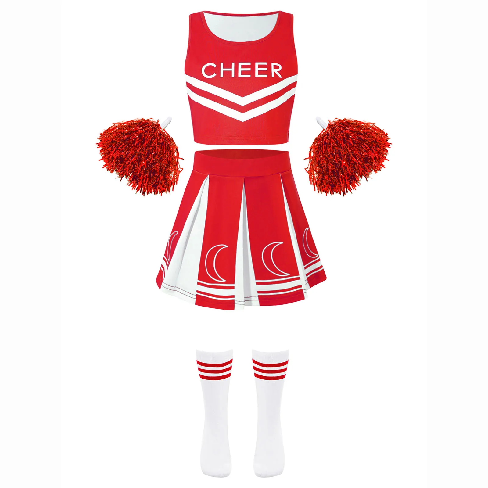

Girls Cheerleading Performance Outfit Sleeveless Round Neck Letter Printed Crop Top with Pleated Skirt Hand Flowers And Socks