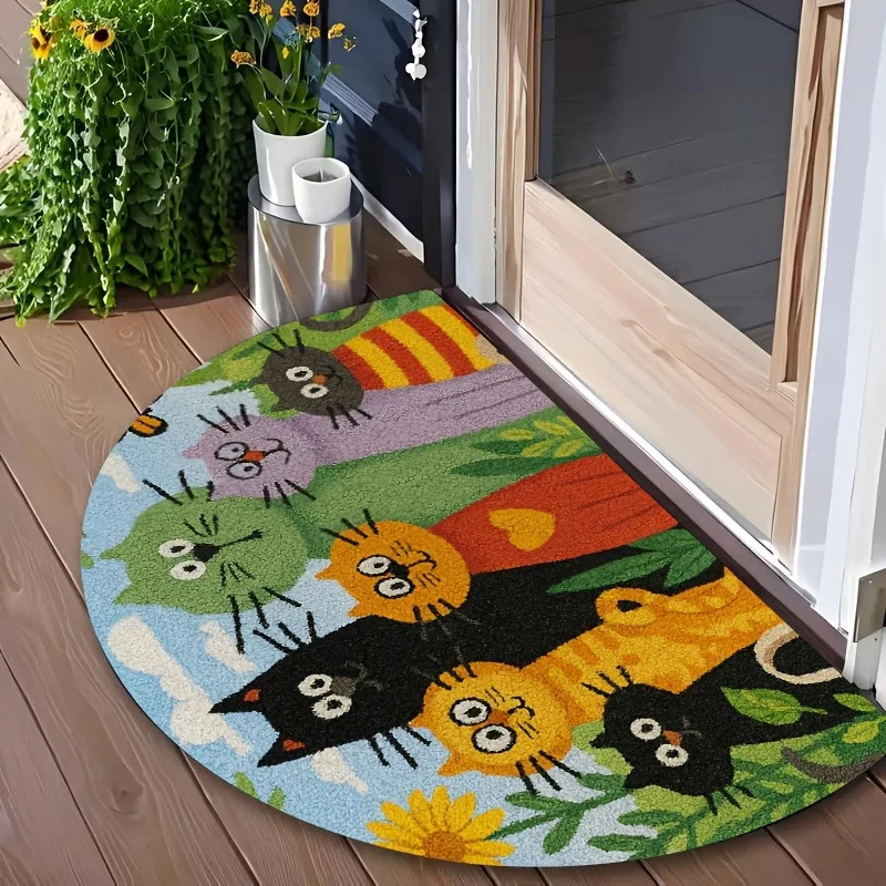 VIKAMA Cute Cartoon Cat Semi-Circle Doormat Non-Slip Washable Indoor Outdoor Entrance Floor Mat Home Decoration