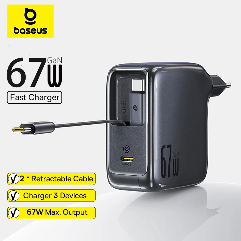 Baseus 67W 100W chargeur rapide GaN chargeur USB C câble rétractable chargeur de téléphone pour iPhone Samsung chargeur d'ordinateur portable PD QC chargeur