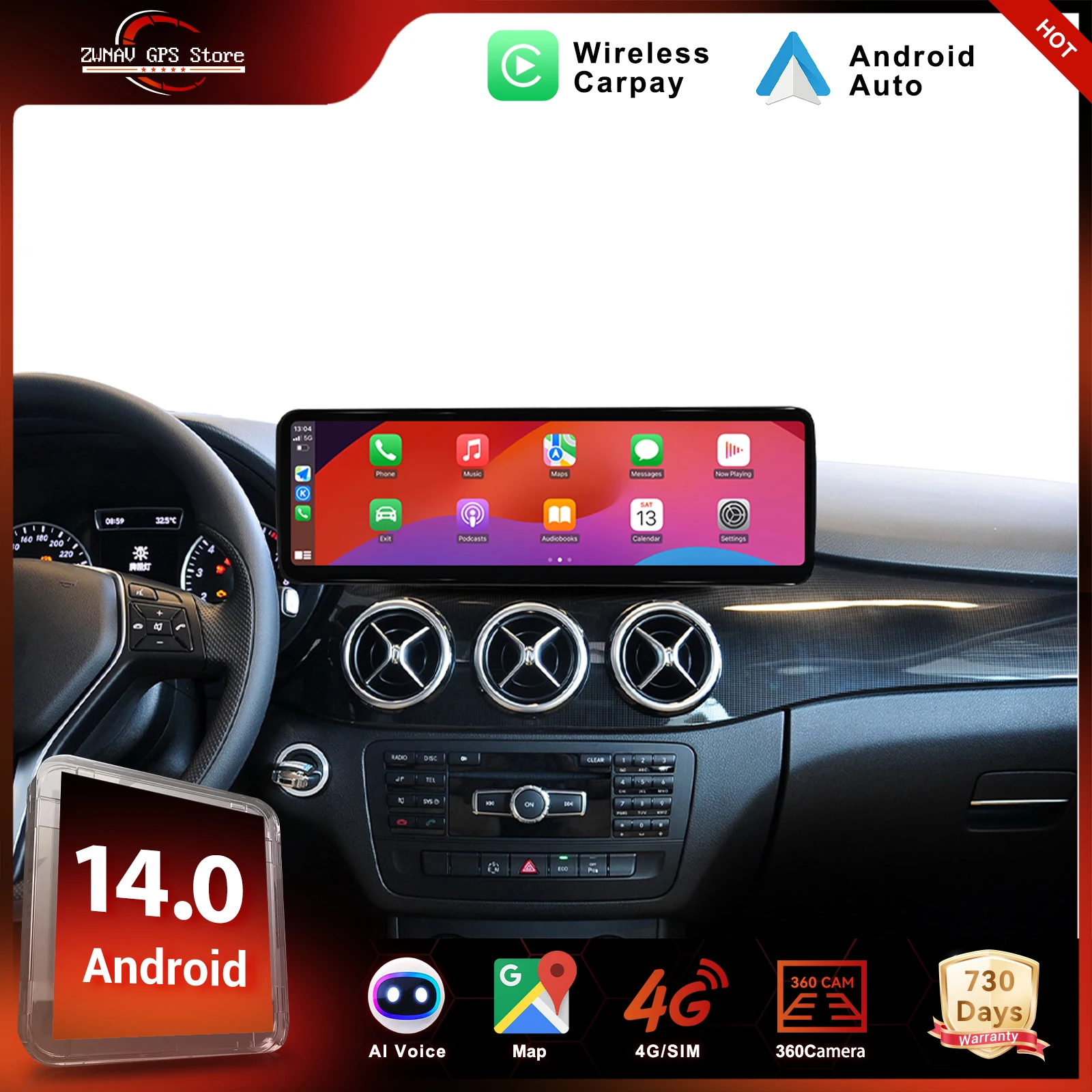 ZWNAV Android 14 Car RadioFor Mercedes-Benz B 2012-2015 Wireless CarPlay Android Auto DSP Sound GPS Navigation WIFI 4G System