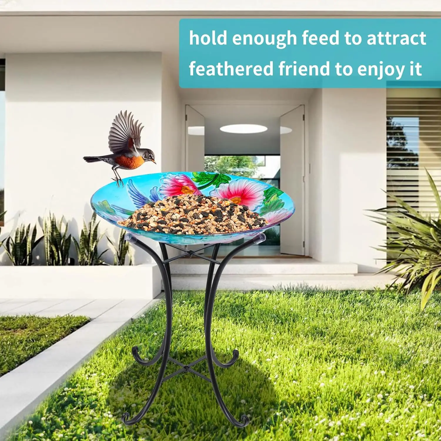 حمام الطيور الزجاجي الذي يعمل بالطاقة الشمسية مع أضواء LED وحامل معدني لديكور الحديقة، يجذب الطيور