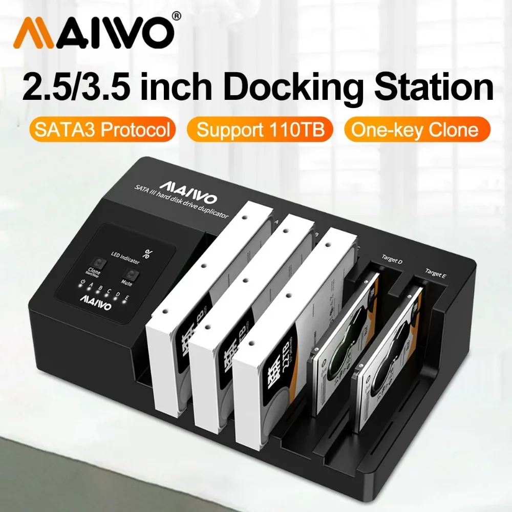 MAIWO 5 Bay SATA SSD HDD 2.5/3.5'' Hdd Docking Station SATA3 To Type C Hard Drive Case with Office Clone Support 110TB Expansion