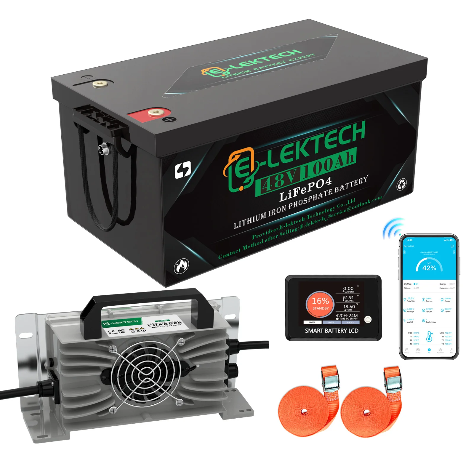 48V 100Ah LiFePO4 Battery Built-in 200A Bluetooth BMS Deep Cycle for Golf Cart Boat RV Camper Solar Off-Grid Storage
