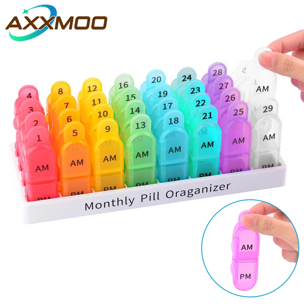 1PC 31 Day Pill Organizer AM PM,4 Week Monthly Pill Box Twice Daily,Portable Small Compartment Container for Vitamins,Supplement