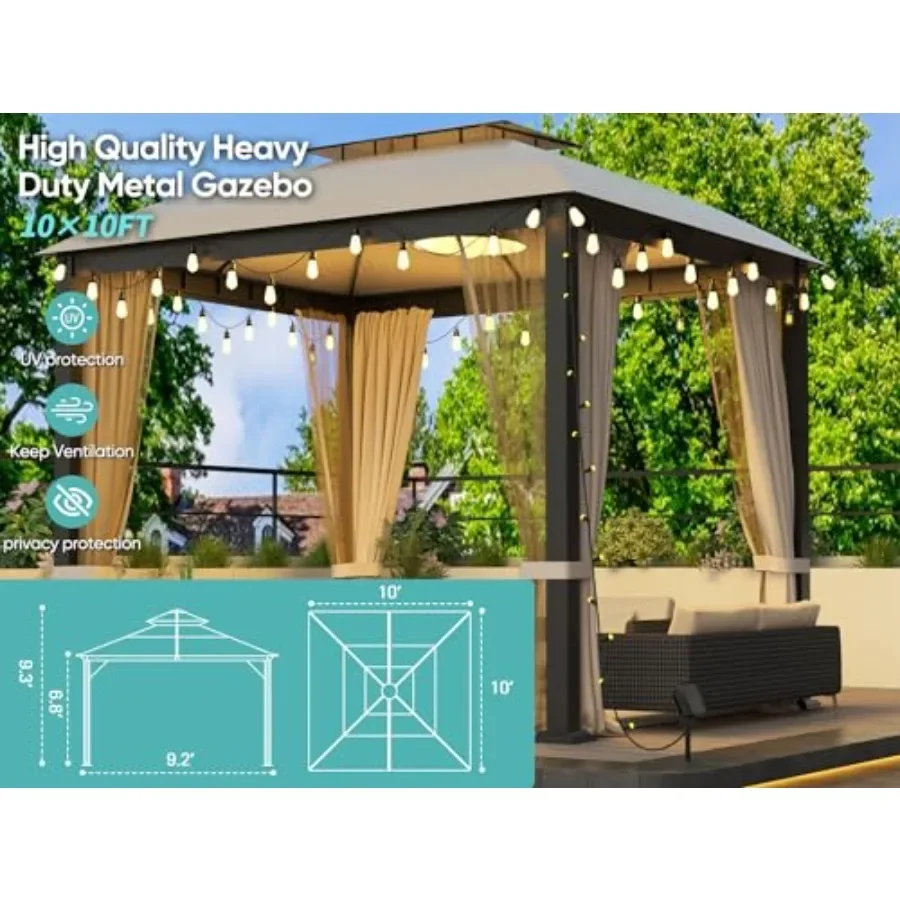 Outdoor Patio Gazebo Feet, Soft Top Gazebo Canopy with Double Roof, Square Metal Frame, Mosquito Netting and Privacy Curtains,
