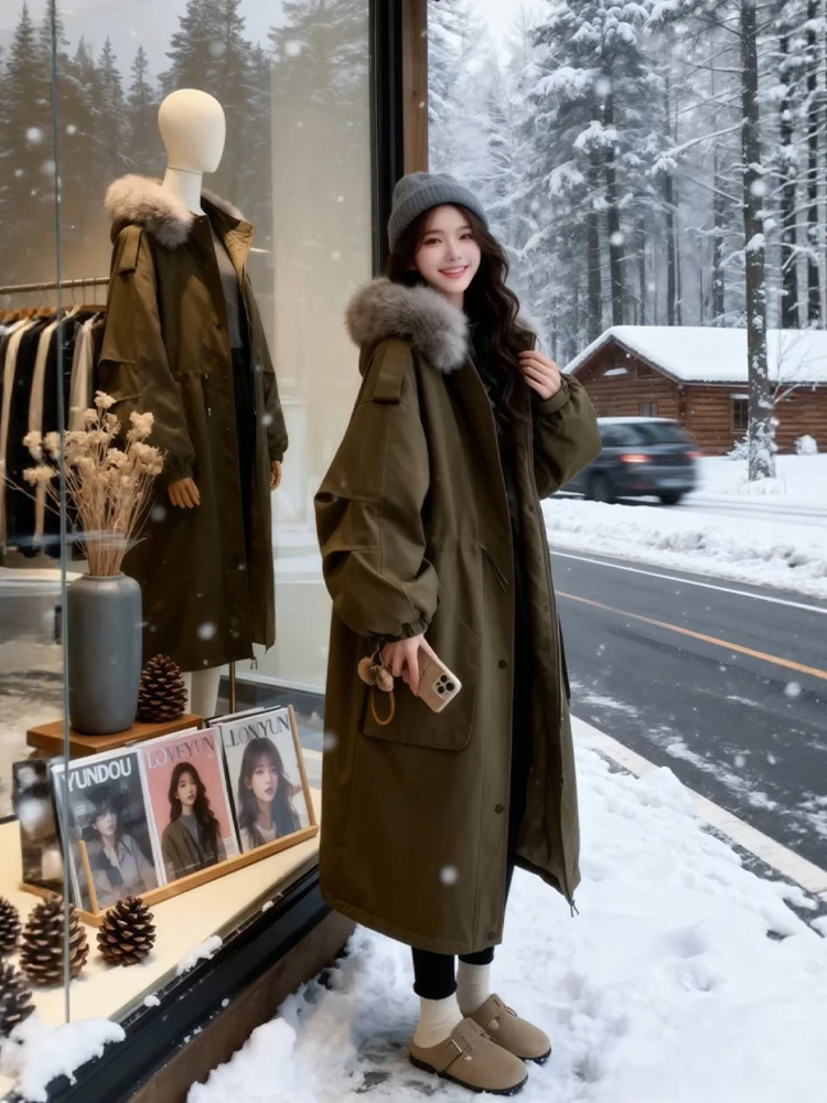 

Корейская длинная парка с капюшоном, женская зимняя куртка большого размера, толстая рабочая одежда выше колена, хлопковая куртка для поездок на работу