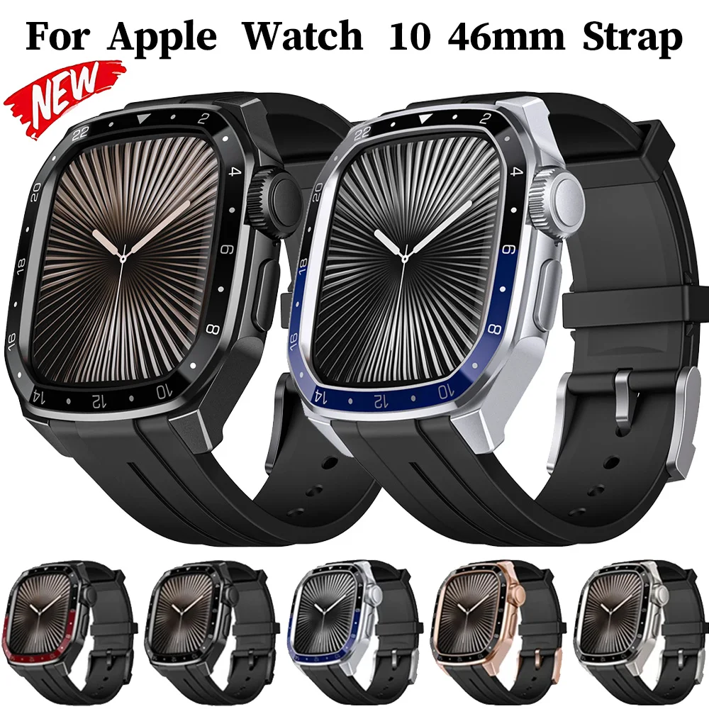 

Металлический корпус + силиконовый ремешок для Apple Watch, 46 мм, роскошный интегрированный прочный защитный чехол с ремешком для часов iWatch 10 46 мм