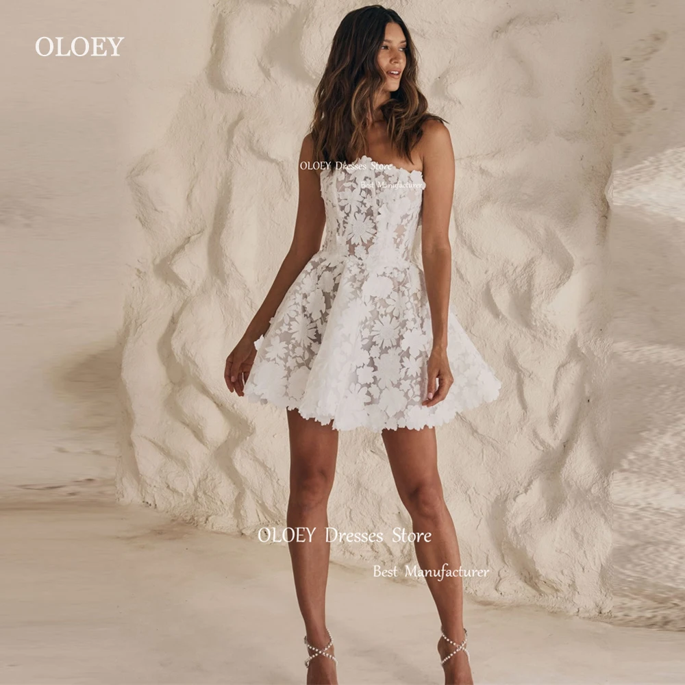 Oloey Elegante Full Lace Korte Trouwjurken 2024 Strapless Mini Bruidsjurken Robe De Mariage Plus Size