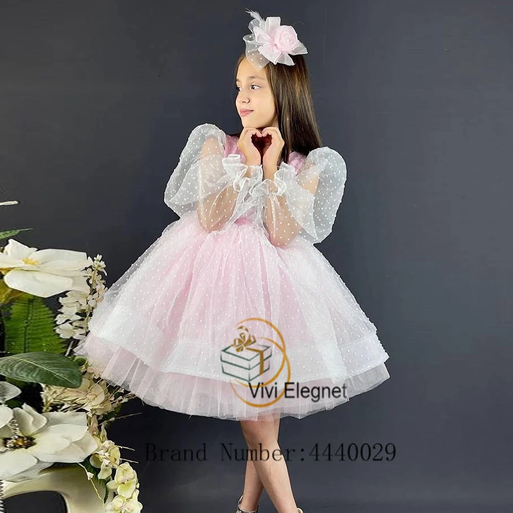 Mint Green Scoop Full Sleeve Flower Girl Dresses with Soft Tulle Tutu Wedding Party Gowns Knee Length 2023 Summer فساتين اطفال ل