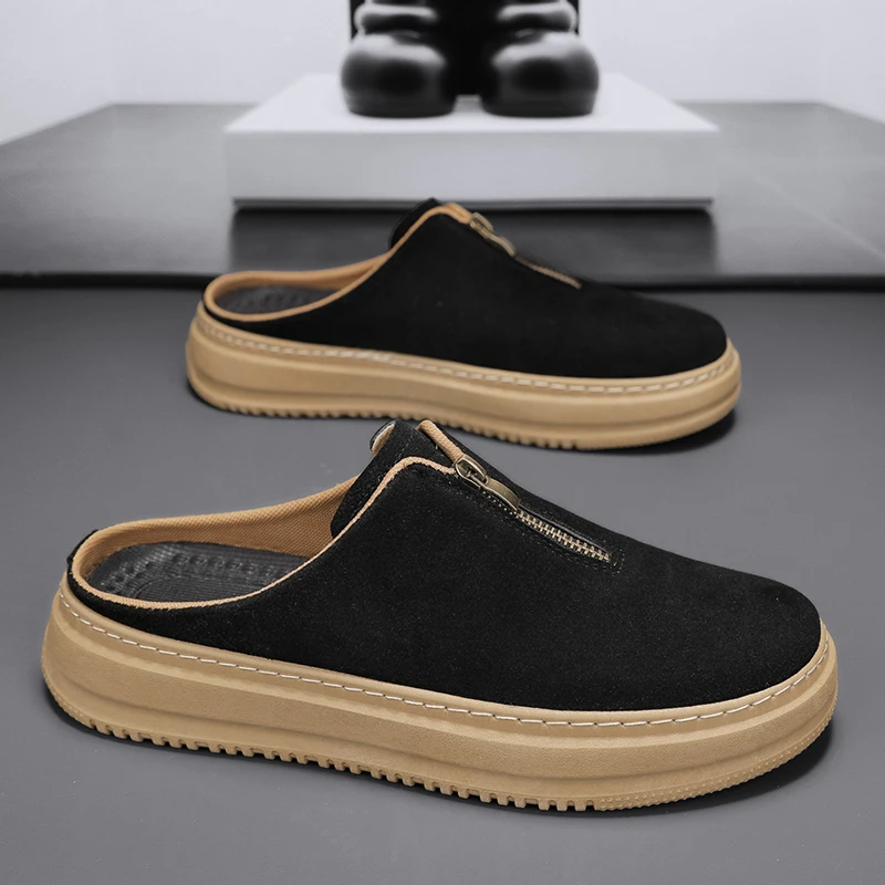 Platform Half Shoes For Men Mules Closed Toe Board Shoes Slides Slip On Flats Backless Loafers Slipper Semi-Drag Casual Shoes