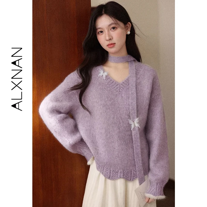 ALXNAN Women's Purple Sweater V-neck Casual Loose-fit Long Sleeve Pullover 3D Butterfly Embellished Ladies Knit Tops DYL662366-2