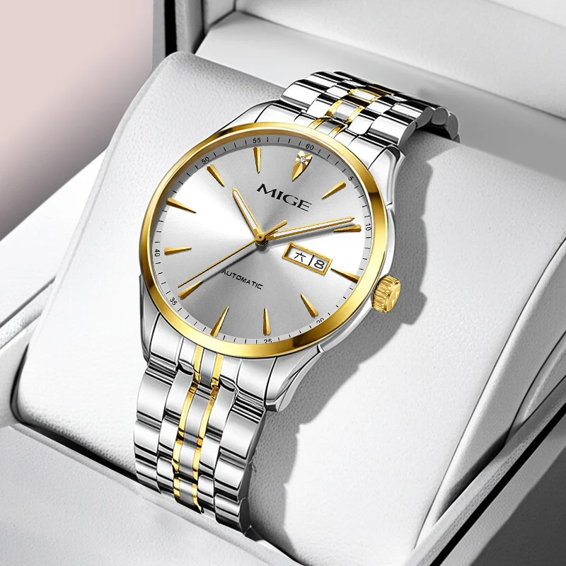 MIGE Luxury Women Automatic Watch Blue Sunburst Dial Stainless Steel Strap Day Date Business Wristwatch for Ladies