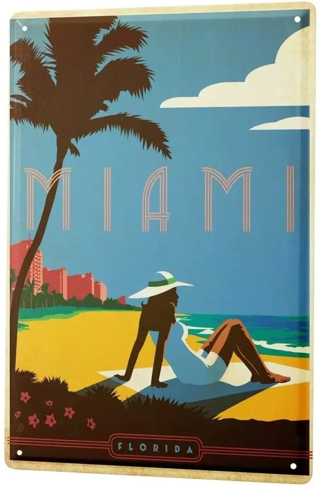 SINCE 2004 Tin Sign Metal Plate Decorative Sign Home Decor Plaques Retro Wall Art Metropole Miami Florida Beach Sun Hat Woman