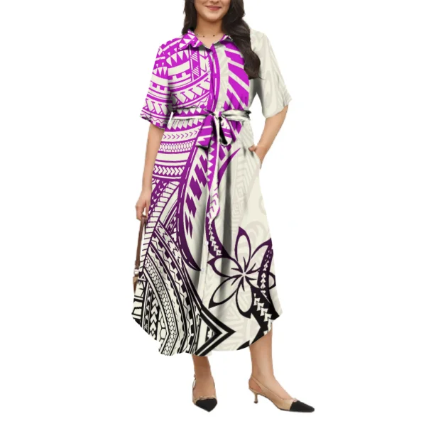 Hot Sale Custom Polynesian Tribal Print Women Plus Size Dress Ladies Maxi Long Sashes Samoan Island Button Shirts Dress