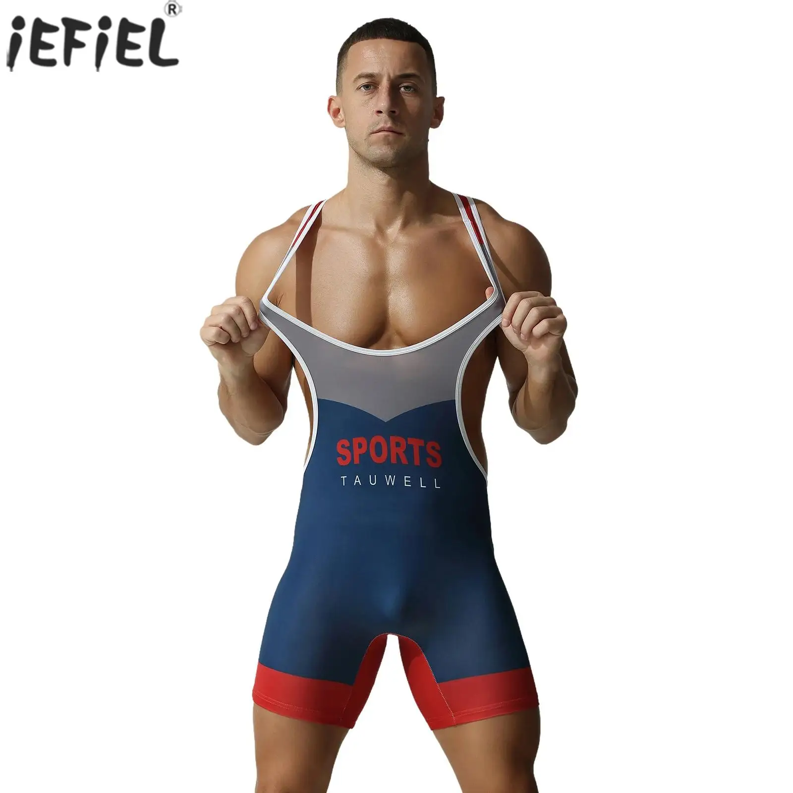 

Muscle Men Athletic Bodybuilding Sport Workout Gym Fitness Bodysuit Sleeveless Back Cutout Weightlifting Wrestling Jumpsuits