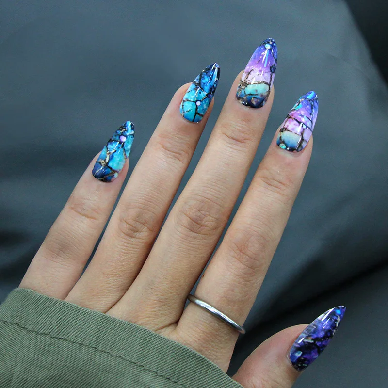 24Pcs Mid-length Almond Fake Nail with Blue Gradient Design Press on Nails Star Shell Pattern Wearable Full Cover False Nail Tip