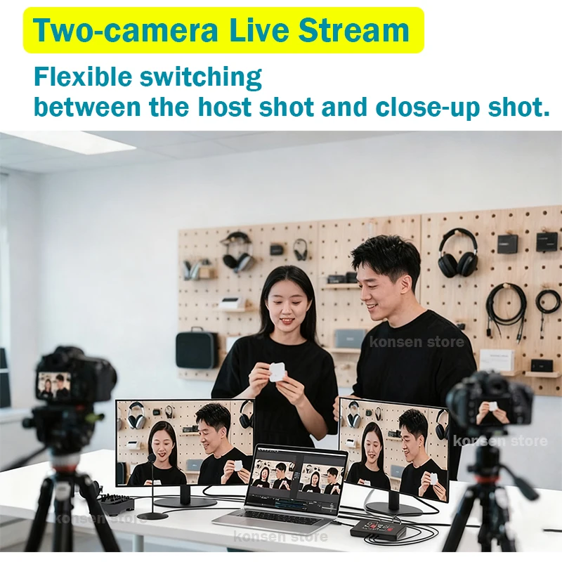 2-Way HDMI Live Stream Switcher 1080P 60Hz Broadcast HDMI Camera Video Mixer Switcher Station with Type C Record,Mic Line in,PIP