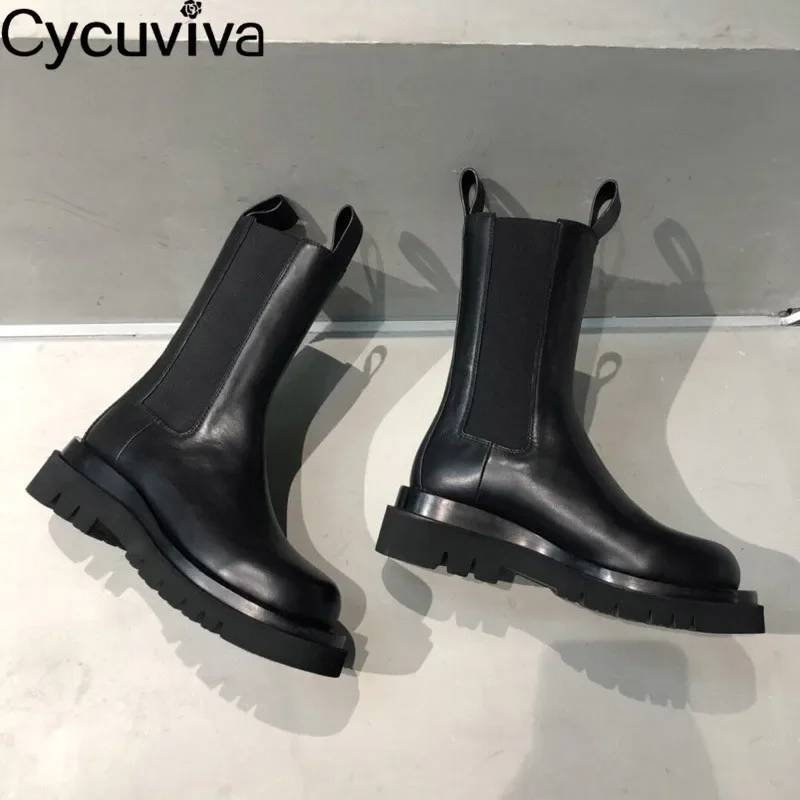 Mid-calf Chelsea Boots Women Shoes Genuine Leather Black Platform Shoes Female Bottnes Casual Motorcycle Boots For Women