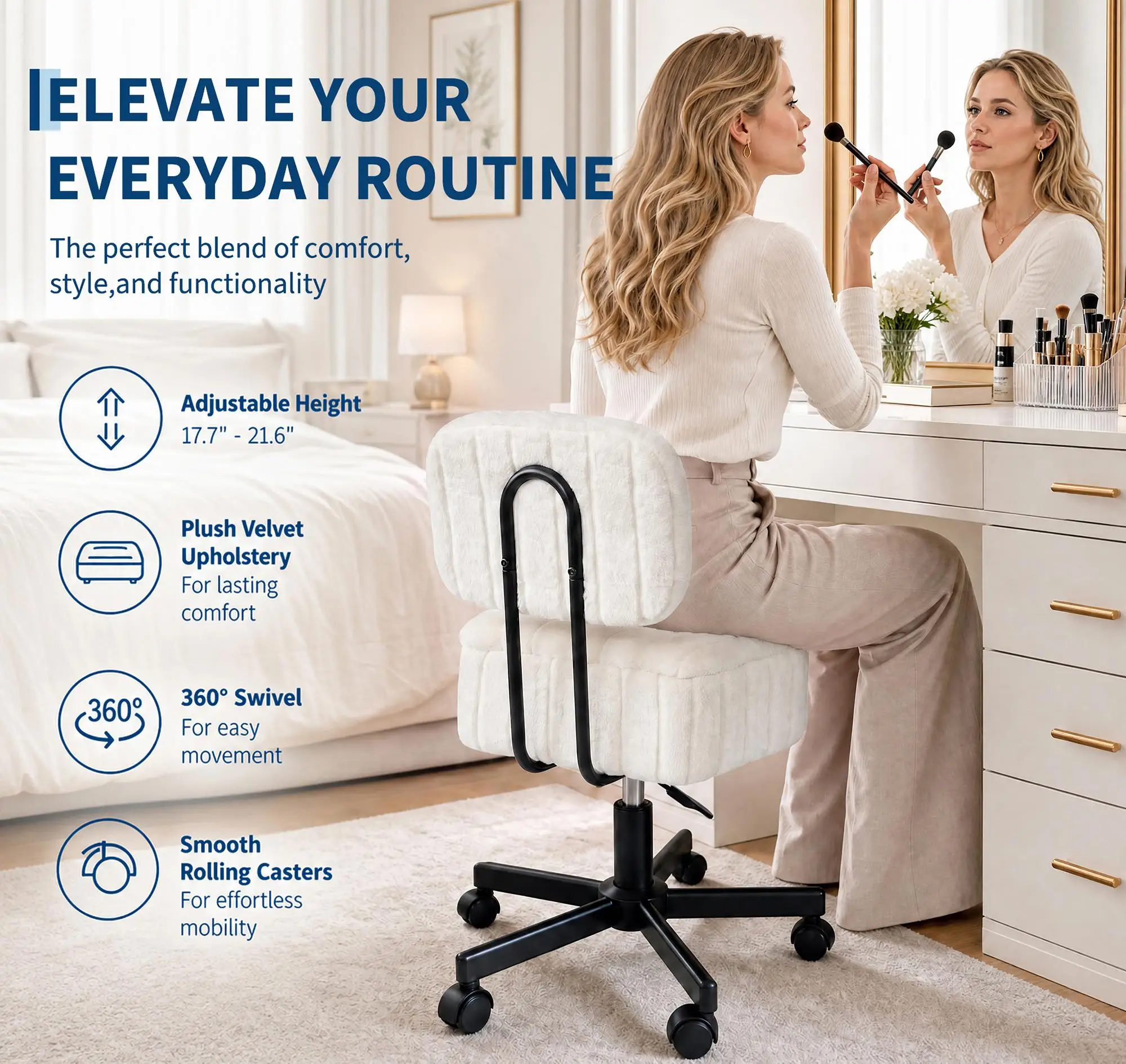Adjustable Height Vanity Chair With Backrest 360 Degree Swivel Rolling Makeup Desk Chair Soft Velvet Upholstery Metal Base For Bedroom Or Dressing Room
