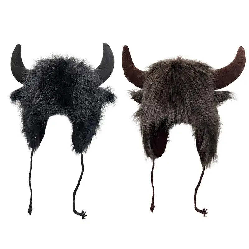 Women Men Winter Furry Plush Snow Trapper Hat Cute Ox Horns Fluffy Animal Cap With Ear Flap Cosplay Earmuff