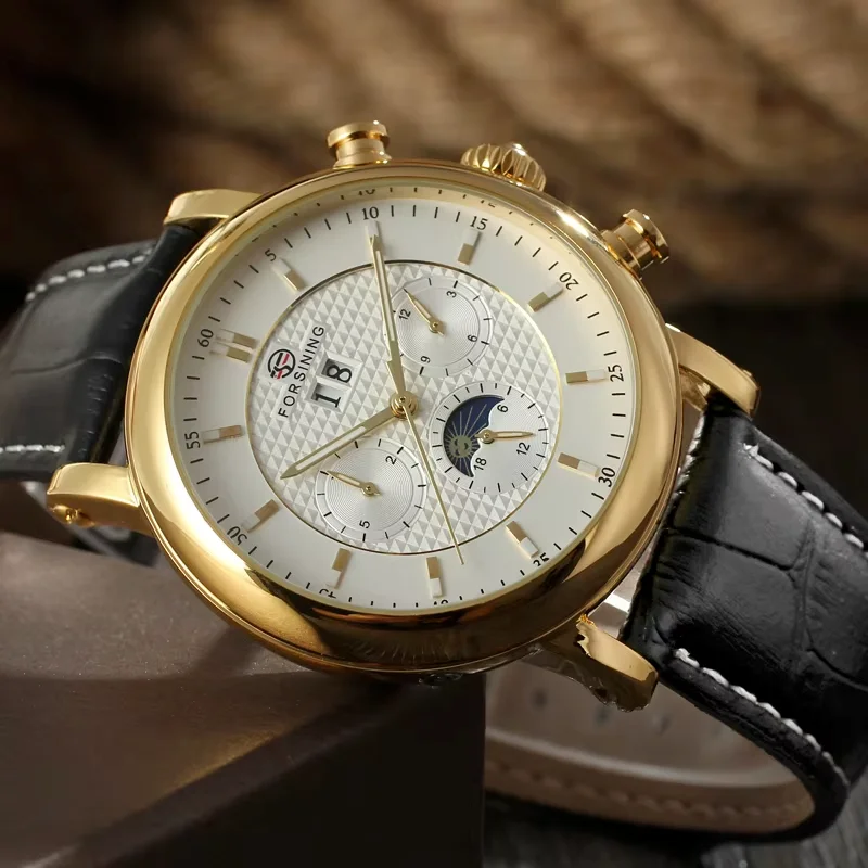 FORSINNG Three eye six pin Automatic Mechanical Watch Calendar Black Circular belt Mechanical Watch Men's Watch