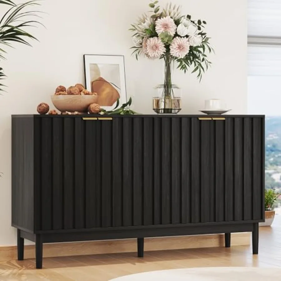 55 Fluted Buffet Cabinet with Storage for Dining Room, Wood Finish, Warm Gray, Elegant Vertical Grooves and Ample Hidden Storag
