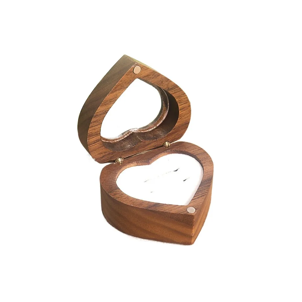 

2 Slots Heart Rings Holder Magnetic Cover Transparent Cover Walnut Wood Rings Box Packaging Wedding Rings Bearer Box Gifts