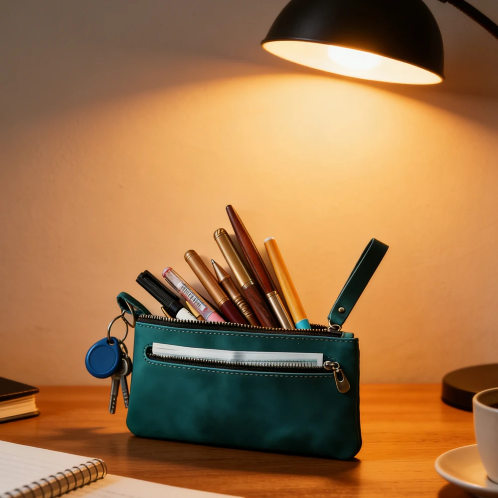 Vintage Cowhide Leather Pencil Bag Pen Pouch Large Capacity with Wrist Strap Keychain for Pens Cosmetics Keys Storage