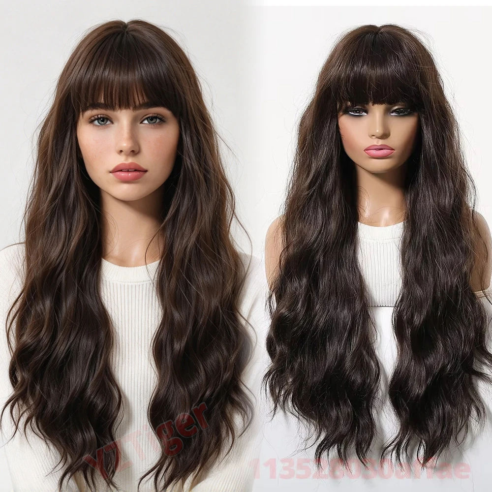 Dark Brown Long Curly Wig with Bangs for Women Fluffy Heat Resistant Natural Synthetic Rose Gold Wig for Daily Cosplay Party Use
