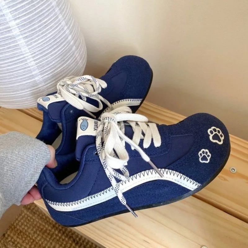 Women Round Big Toe Retro Trainer Shoes Double Lace‑up Color Block Suede Patchwork Flat Sneakers Female Street Daily
