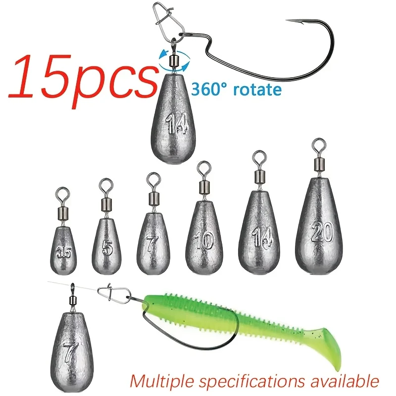 15pcs High-quality fishing sinkers, available in sizes of 3.5g/5g/7g/10g/14g/20g