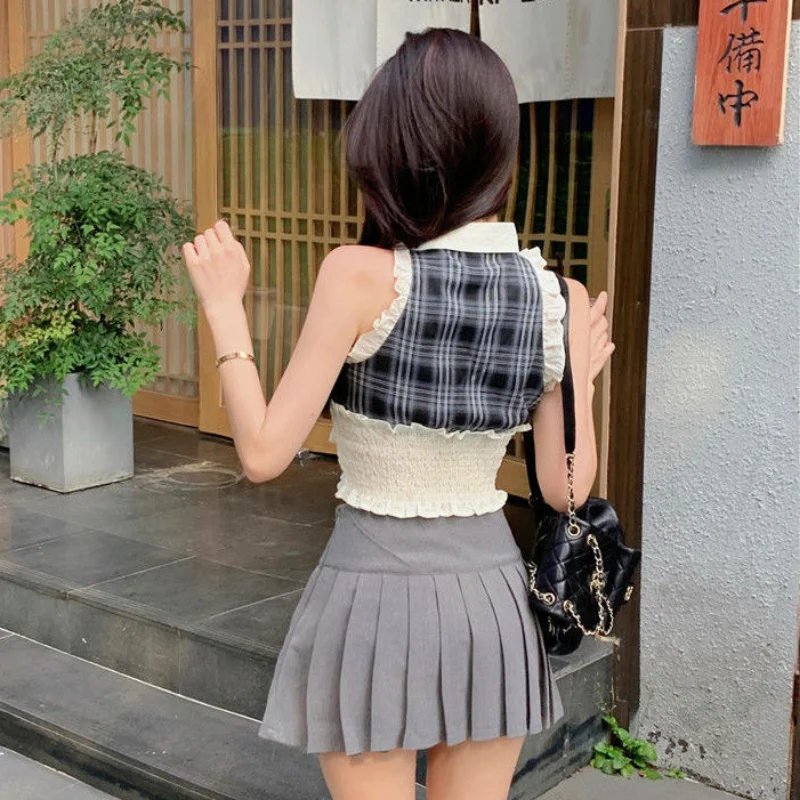 Tank Tops Women Plaid Students Kawaii Girlish Daily Party Elegant Sexy Summer Trendy All-match Soft Korean Style Leisure Sweet