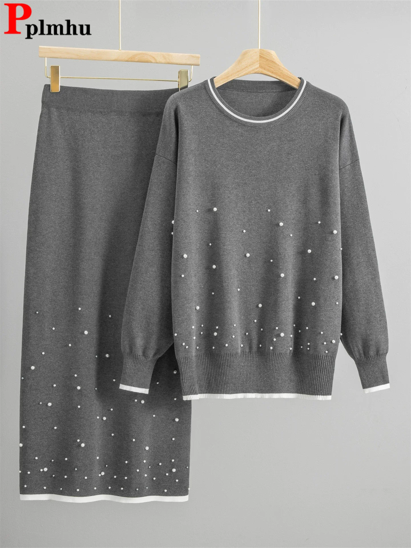 

Дизайн с бисером, новые вязаные комплекты из 2 предметов, женские элегантные свитера с круглым вырезом и длинными рукавами, топы Conjuntos, корейские юбки с высокой талией, наряд