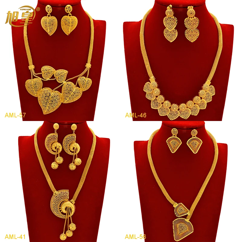 

XUHUANG Indian Big Pendant Necklace Earrings Set For Bridal Women Dubai Wedding Ethiopian 24K Gold Color Jewelry Set Party Gifts