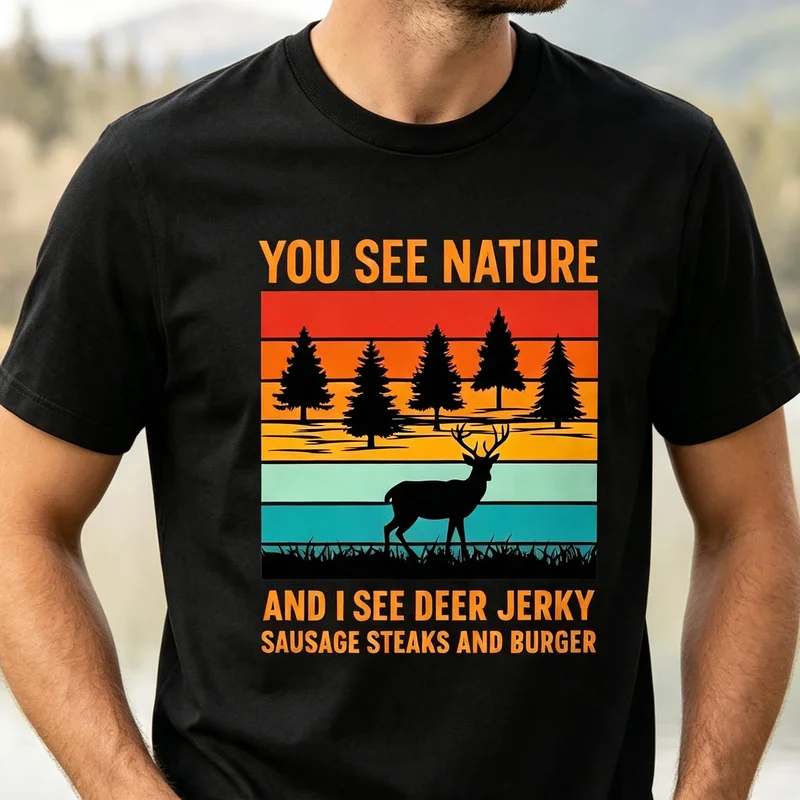 Deer Hunting Funny You See Nature I See Deer Jerky Sausage Steaks Vintage Sunset Print Casual Cotton Short Sleeve T Shirt Unisex
