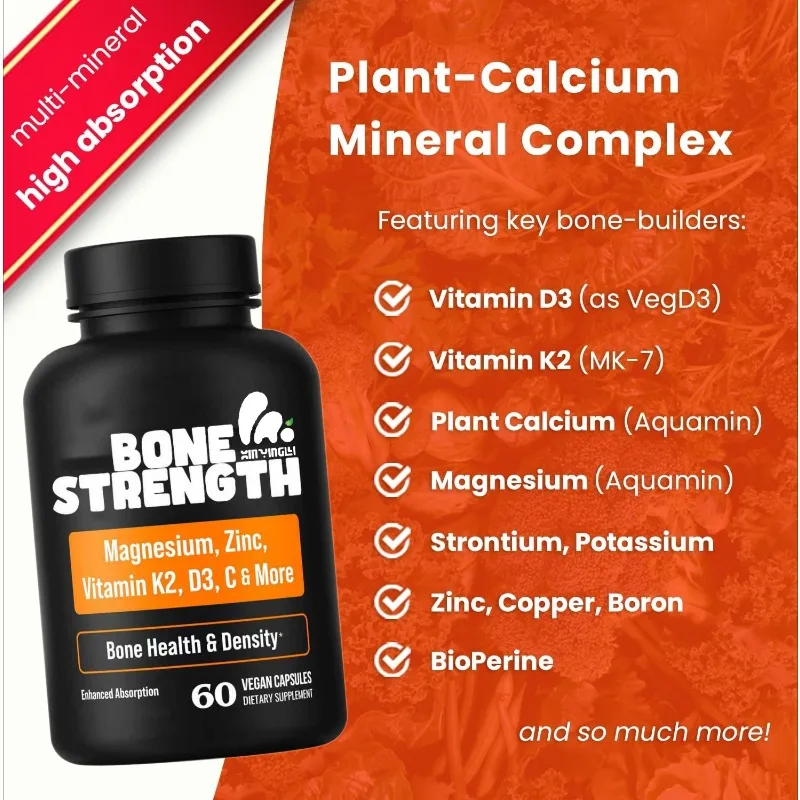 Citrato de calcio vegetal que contiene vitamina D3, K2, magnesio, zinc, potásico, boro - suplementos para la salud ósea -60 cápsulas